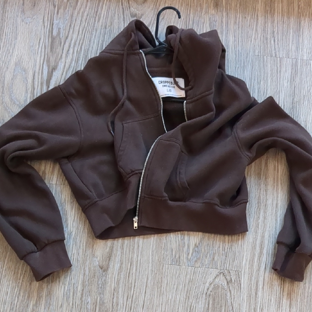 L Brown Zip Up Cropped Long Sleeve Sweater Hoodie